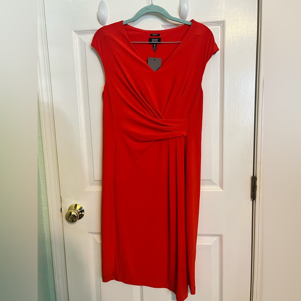 Jones New York Red Sheath Midi Dress V-Neck Cap Sleeves